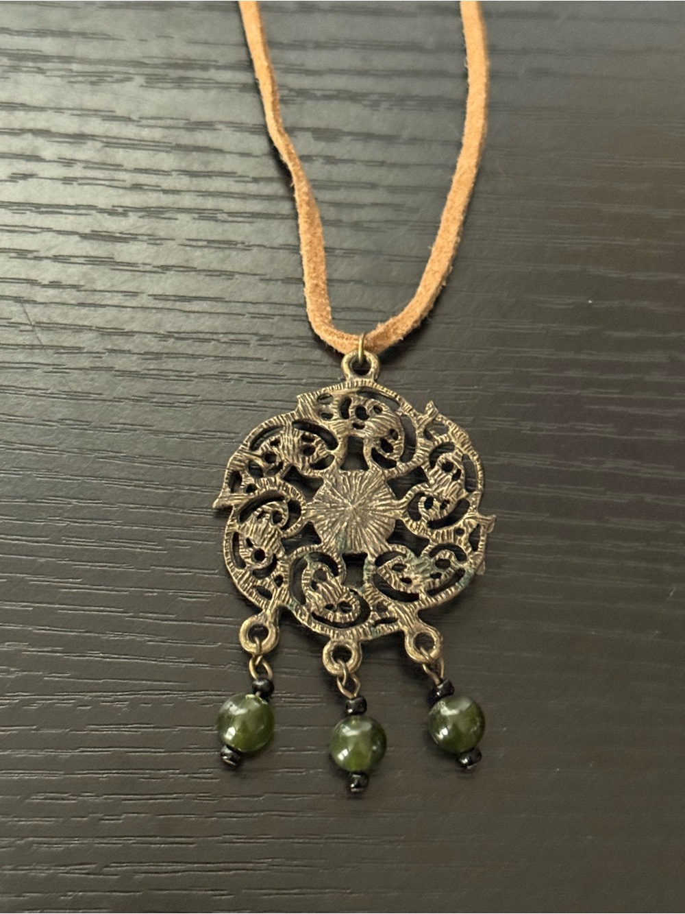 Bohemian Style Necklace w/Bronze Toned Ornate Swirling Medallion on Suede Cord - Picture 6 of 8